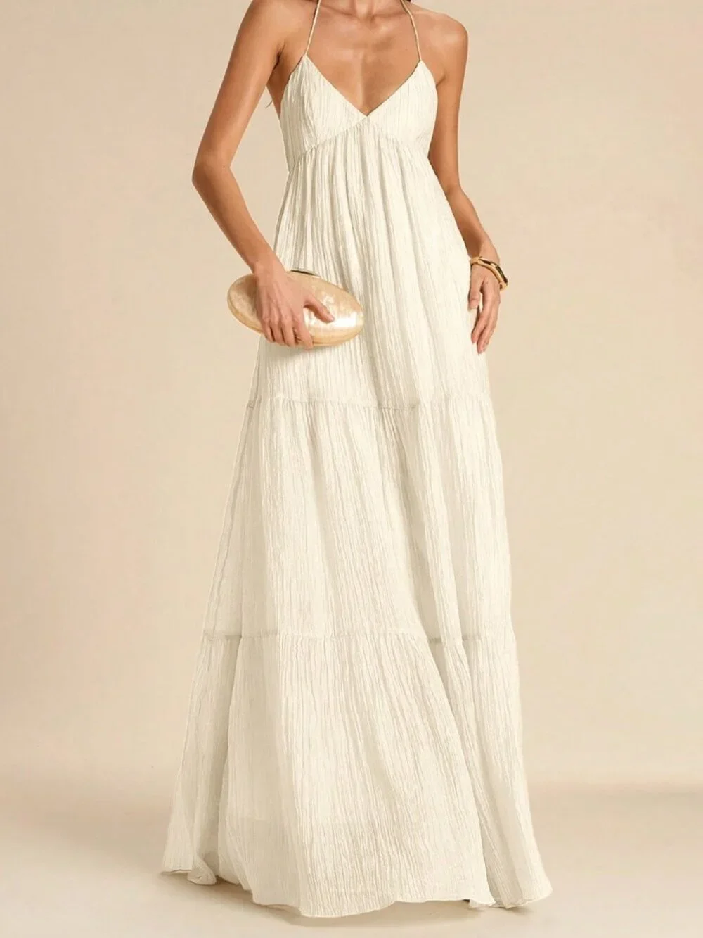 Apricot Boho Spaghetti Strap Women's Backless Tie Bow Pleated Dress